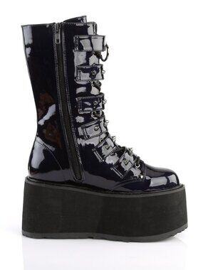 Black Hologram Vegan Leather Mid-Calf Boots with 6 Cone-Studded Buckle Straps